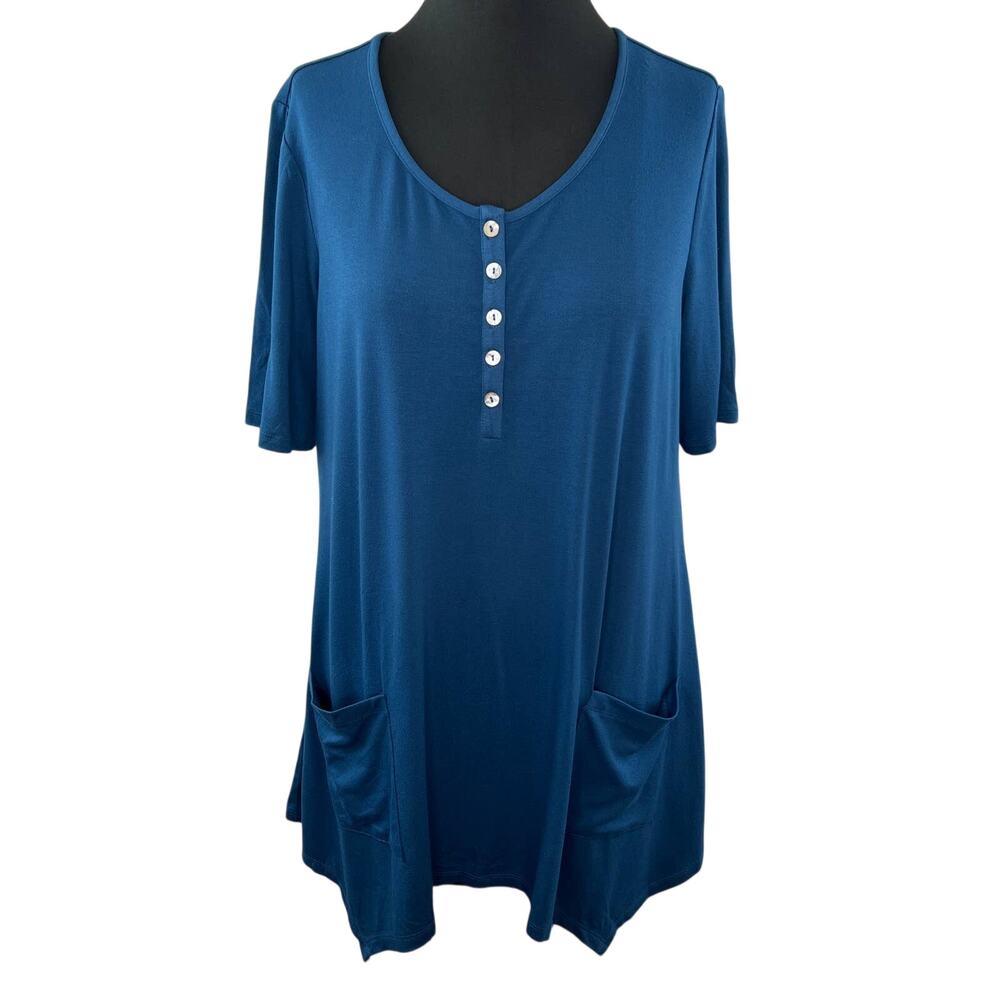 LOGO Lori Goldstein Blue Stretch Scoop Neck Henley Short Sleeve Pocket Tunic L
